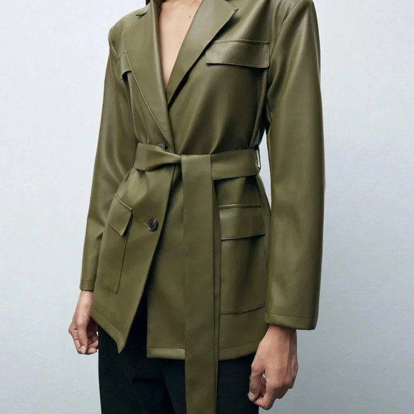 Army Green Elegant Women's Front Button Pocket Belted Long Sleeve Blazer Jacket - Picture 7 of 8